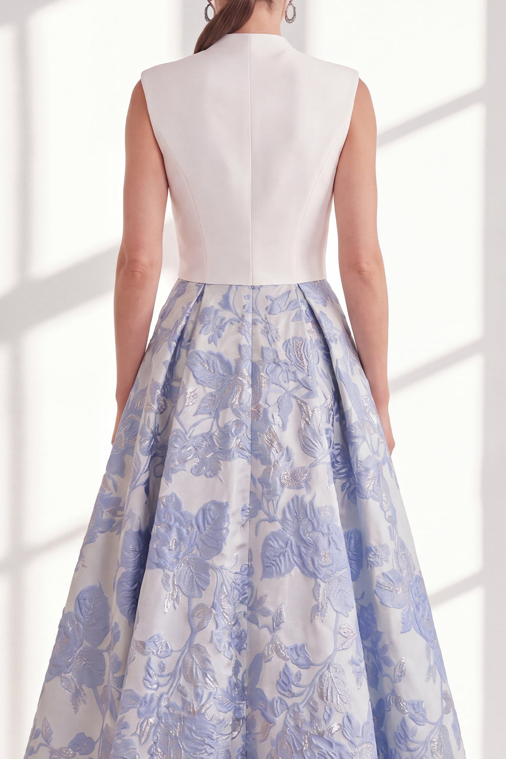 Blue V-Neck Floral A Line Long Mother of the Bride Dress with Bow