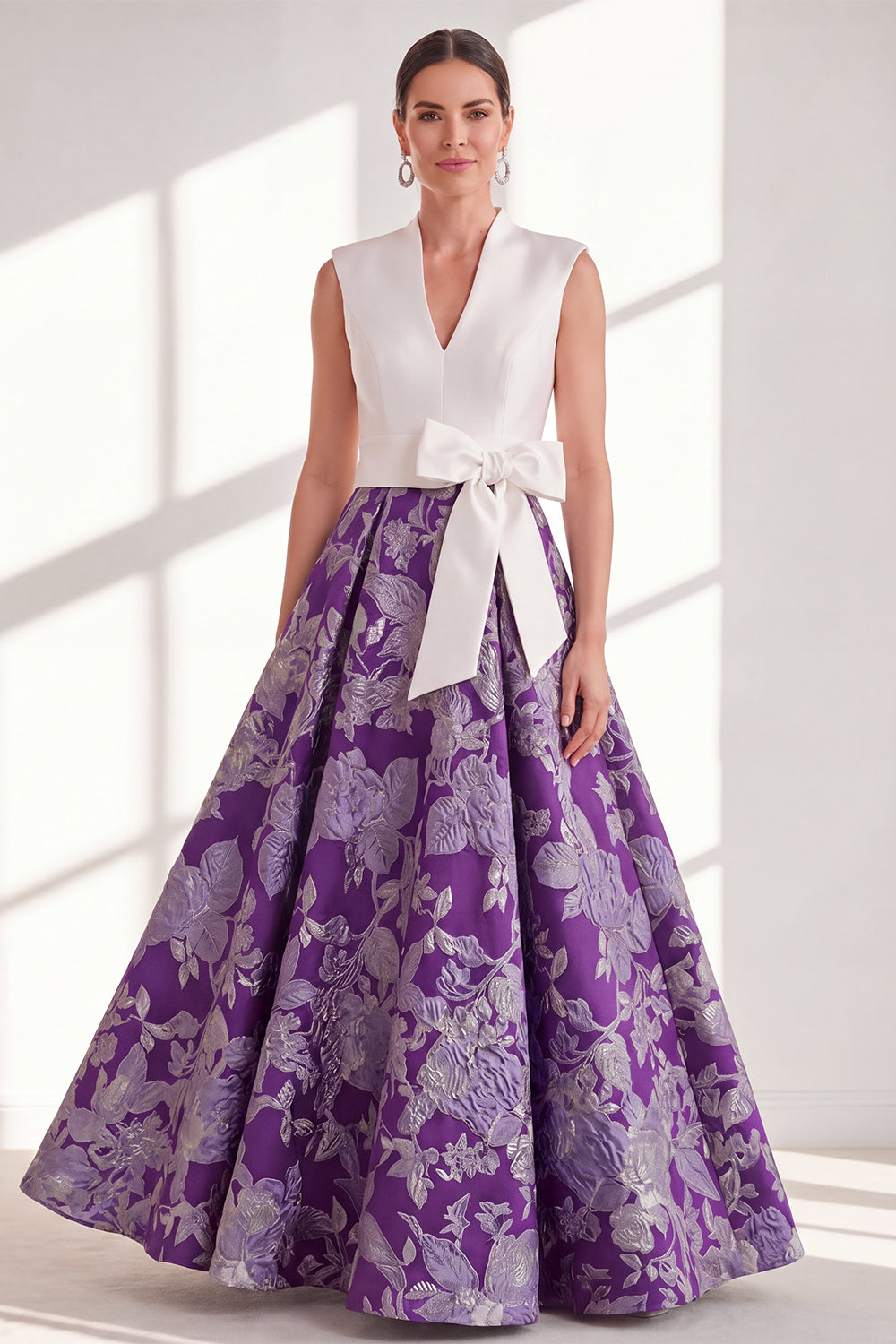Blue V-Neck Floral A Line Long Mother of the Bride Dress with Bow