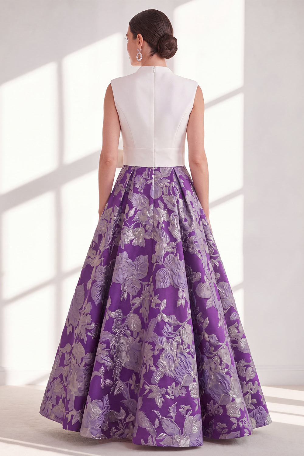 Blue V-Neck Floral A Line Long Mother of the Bride Dress with Bow