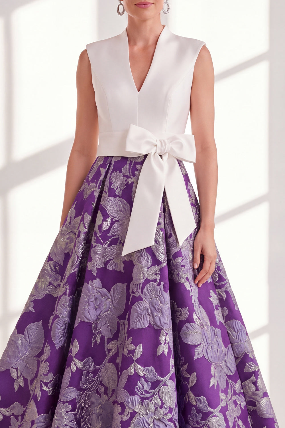Blue V-Neck Floral A Line Long Mother of the Bride Dress with Bow
