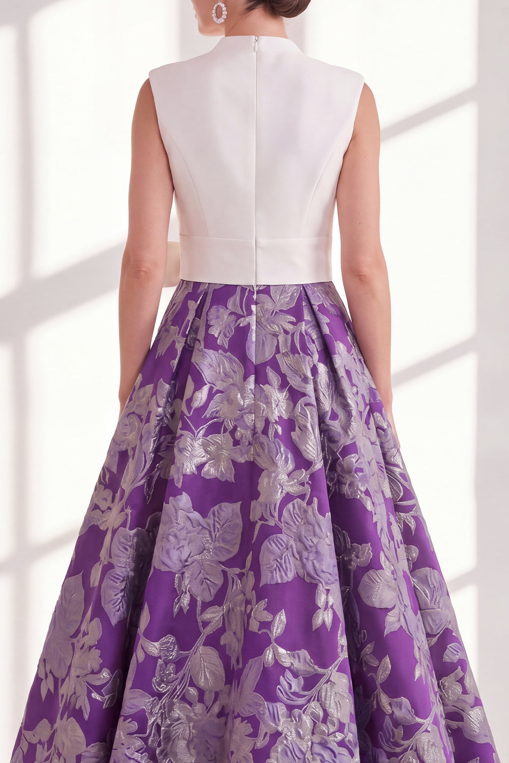 Blue V-Neck Floral A Line Long Mother of the Bride Dress with Bow