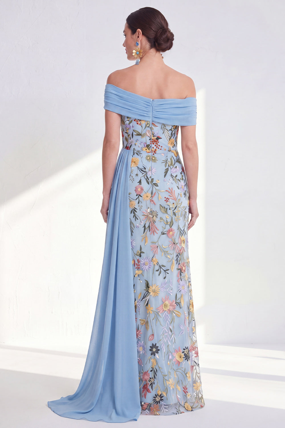 Green Floral Mermaid Ruffled Long Mother of the Bride Dress with Side Cape