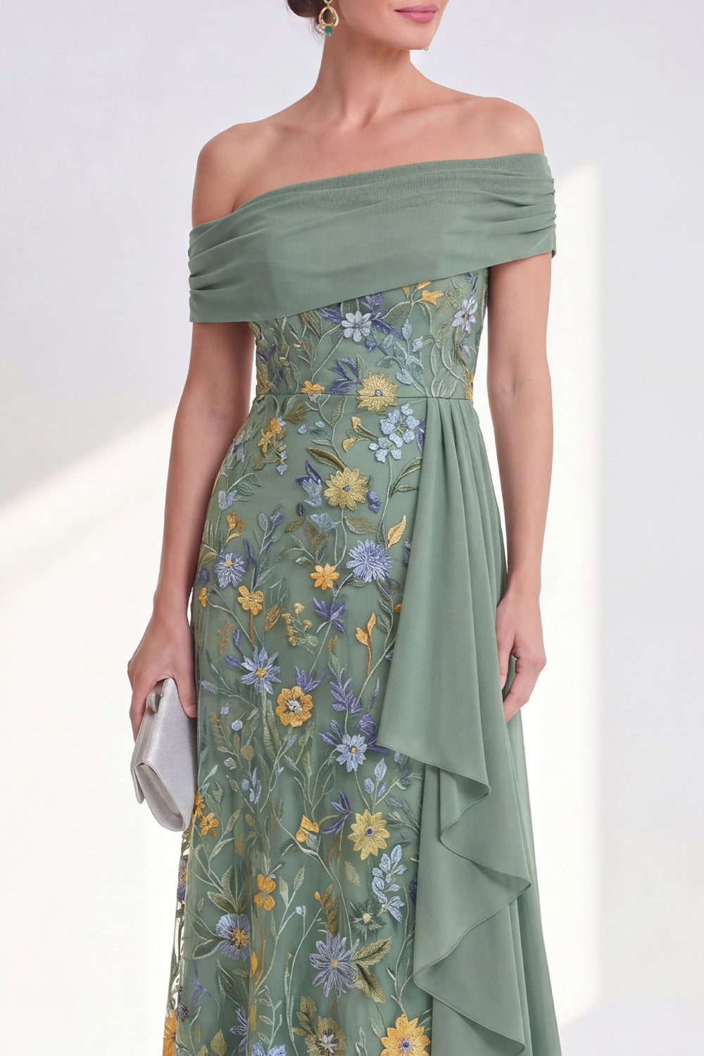 Green Floral Mermaid Ruffled Long Mother of the Bride Dress with Side Cape