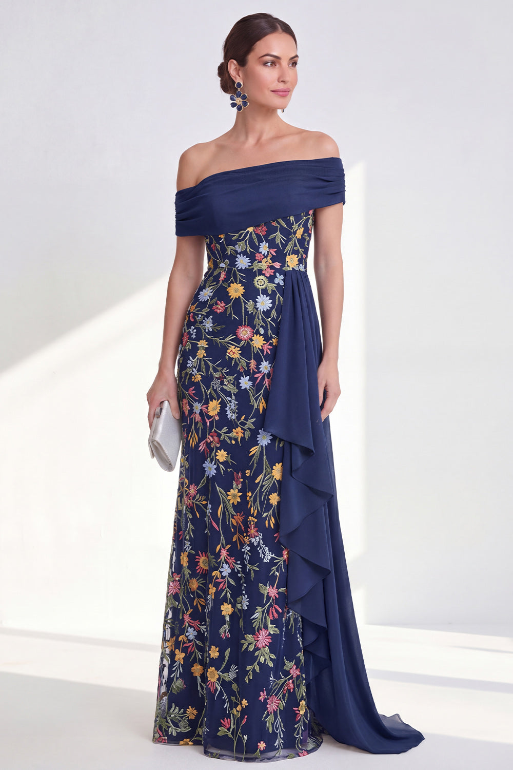 Green Floral Mermaid Ruffled Long Mother of the Bride Dress with Side Cape