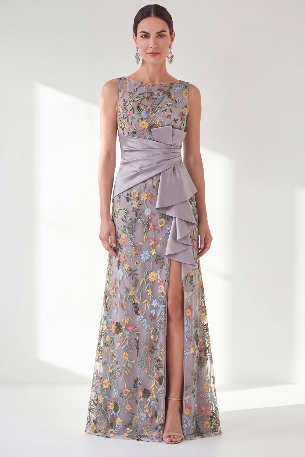 Navy Mermaid Ruched Floral Long Mother of the Bride Dress with Slit
