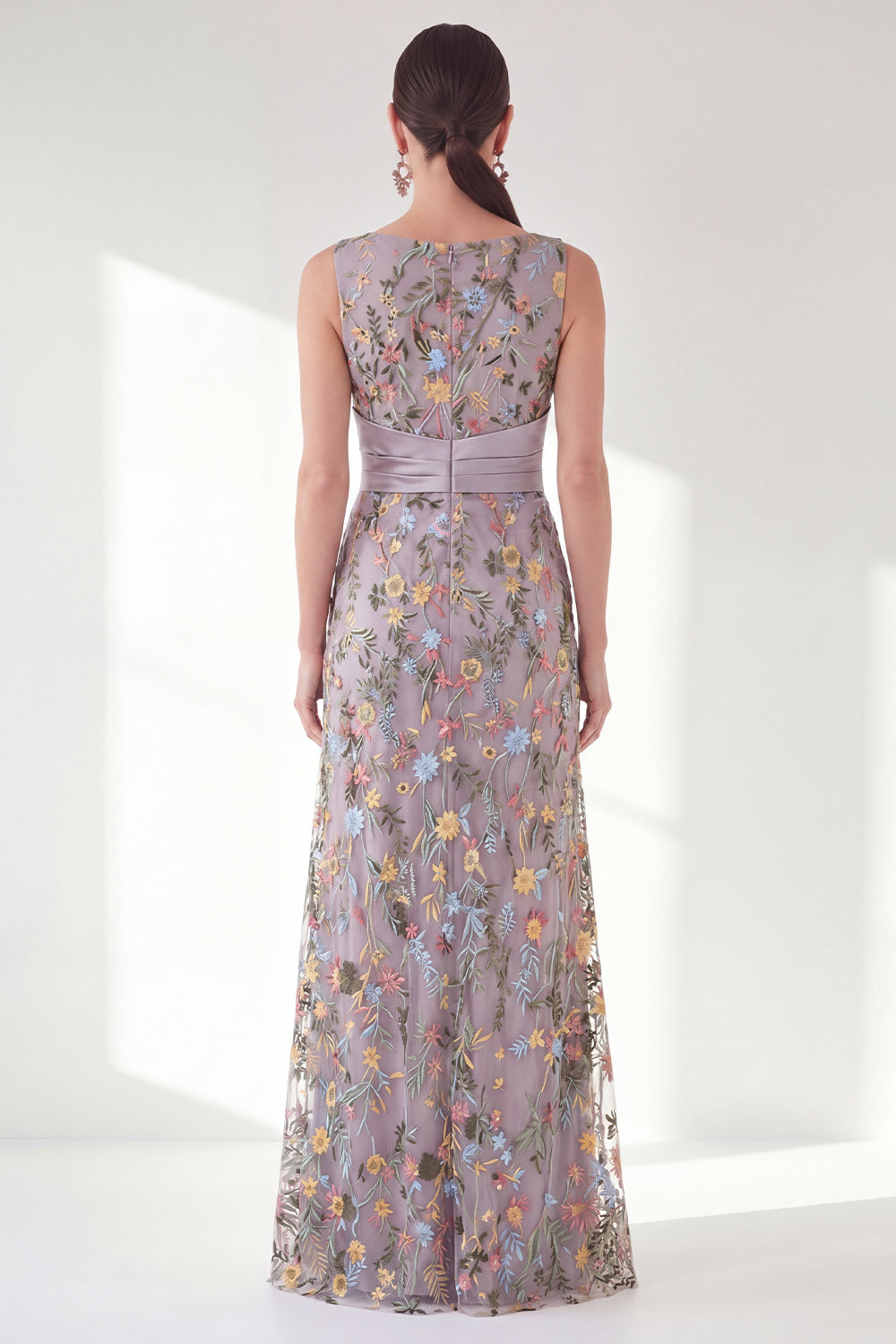 Navy Mermaid Ruched Floral Long Mother of the Bride Dress with Slit