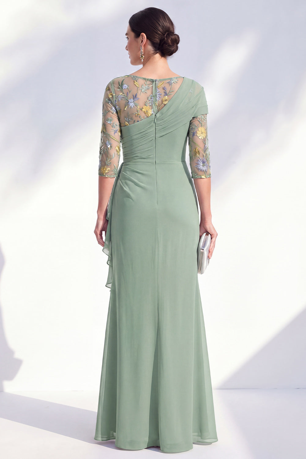 Green Mermaid Ruched Long Floral Mother of the Bride Dress with Ruffles
