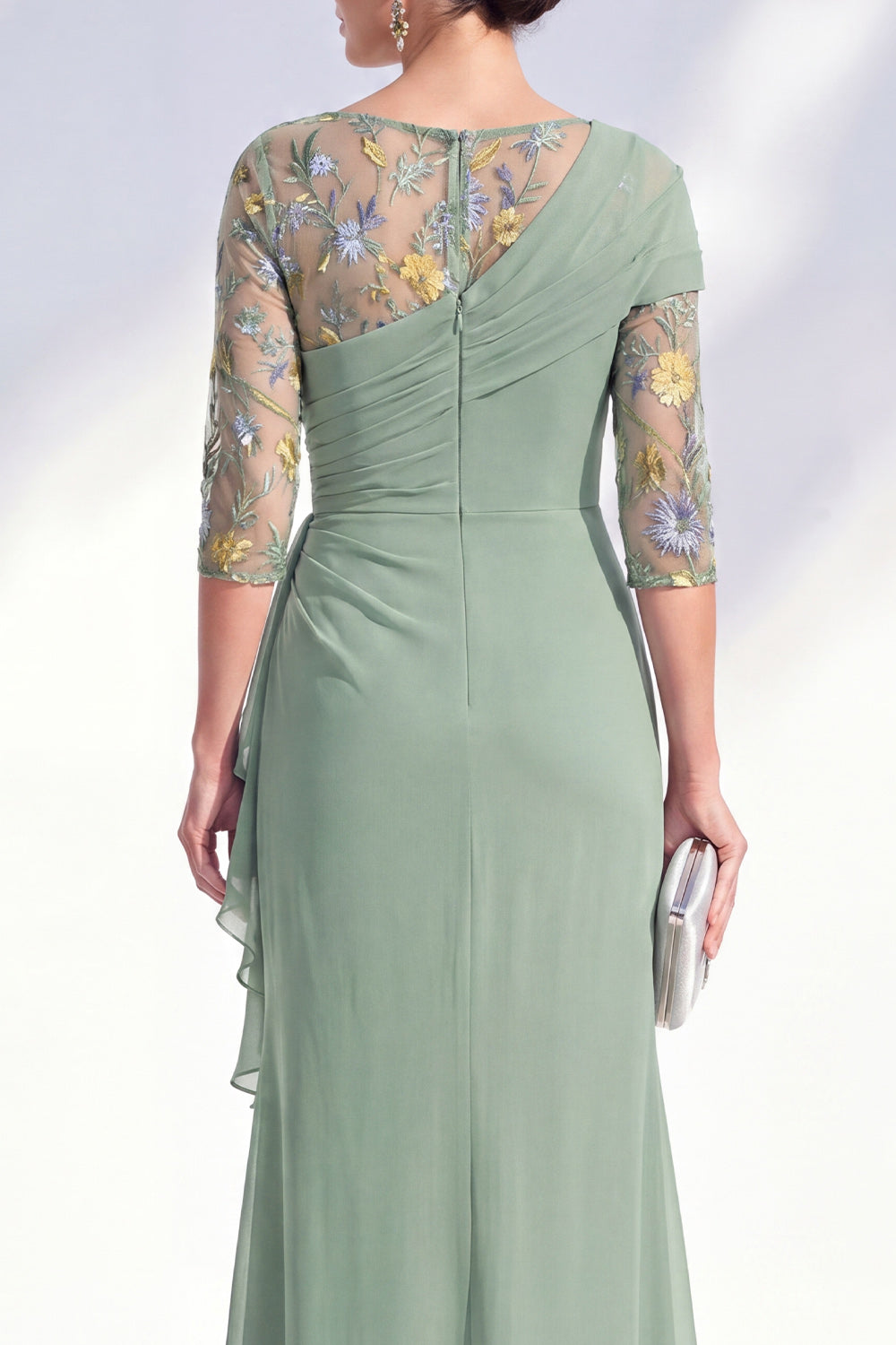 Green Mermaid Ruched Long Floral Mother of the Bride Dress with Ruffles