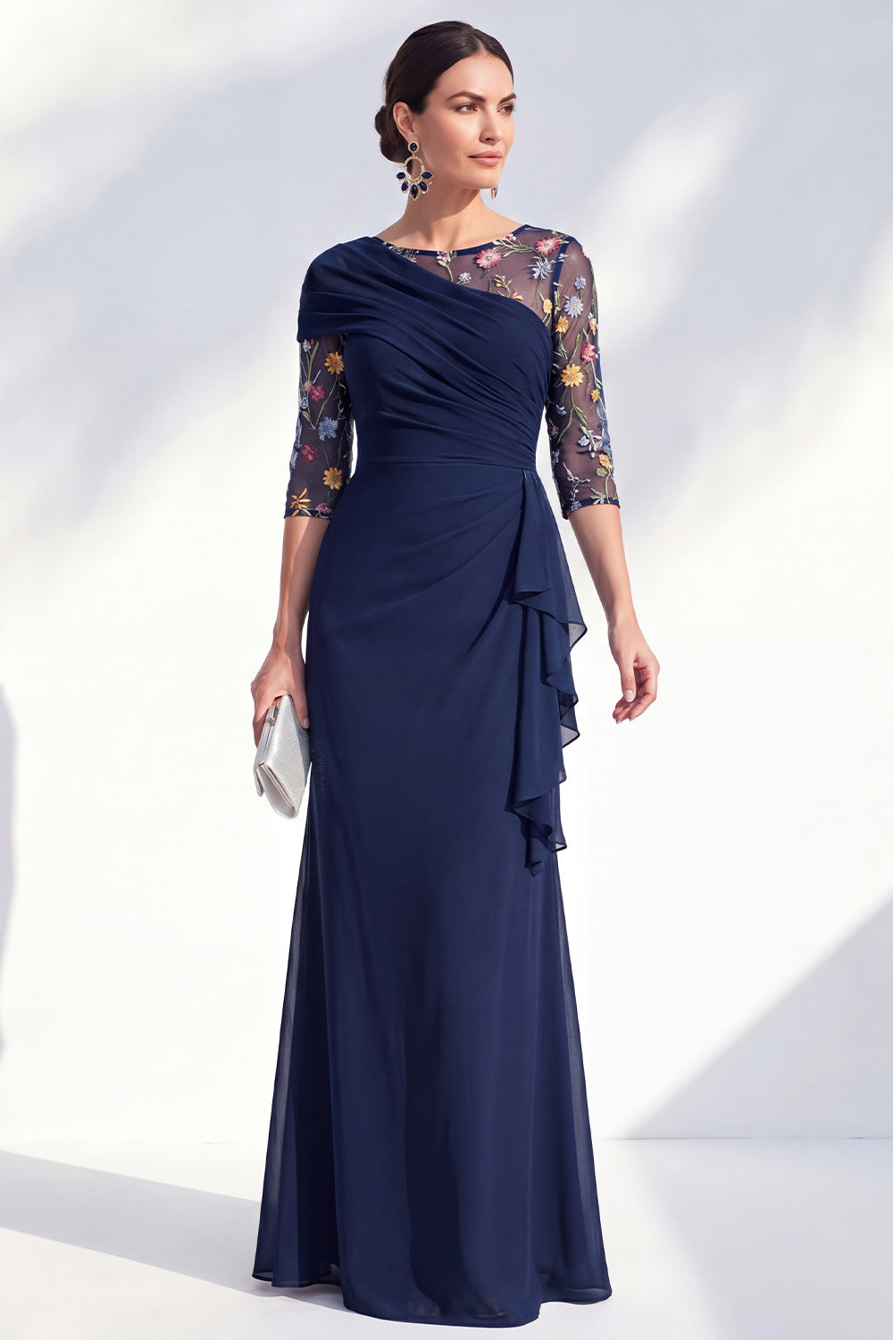Green Mermaid Ruched Long Floral Mother of the Bride Dress with Ruffles