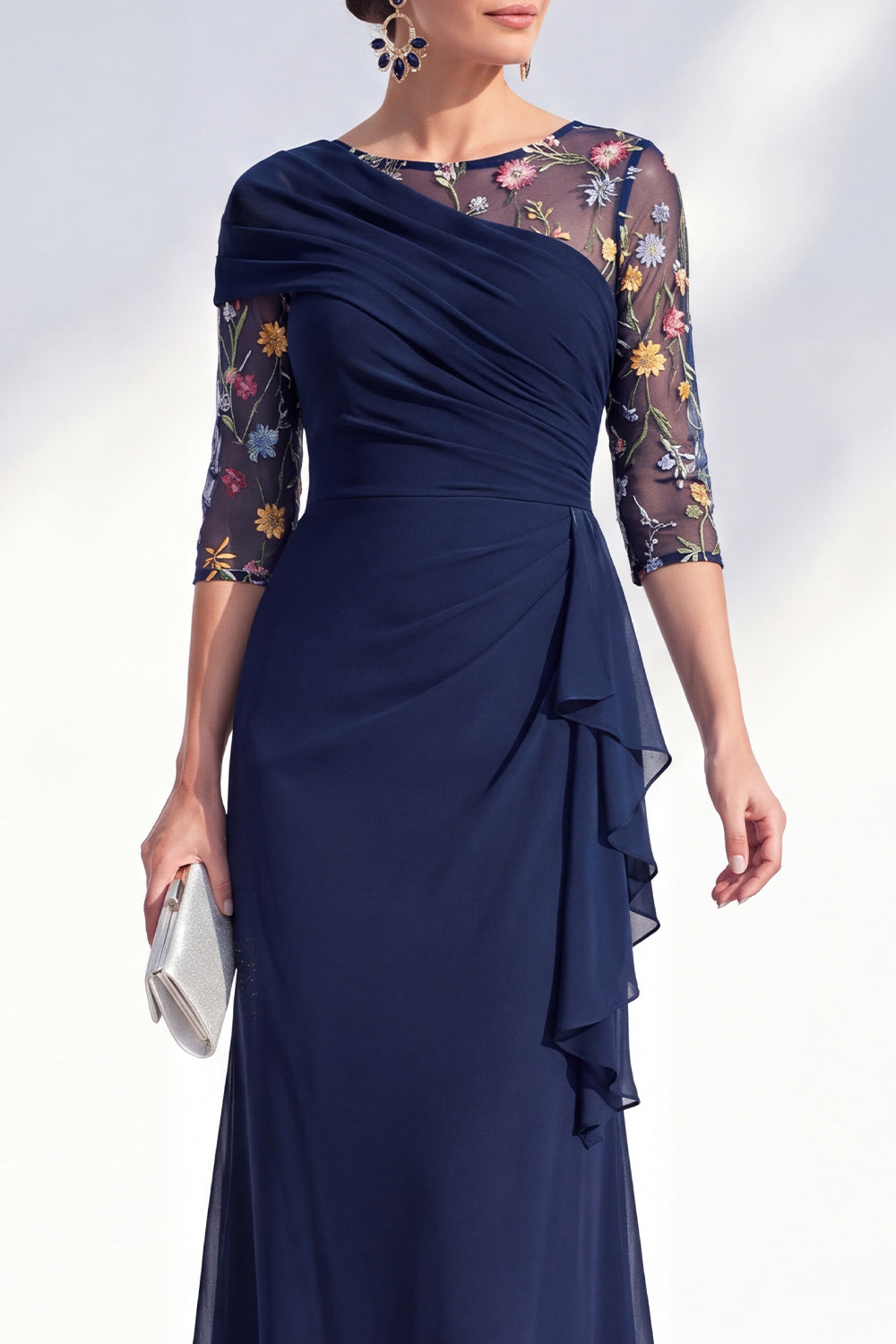 Green Mermaid Ruched Long Floral Mother of the Bride Dress with Ruffles