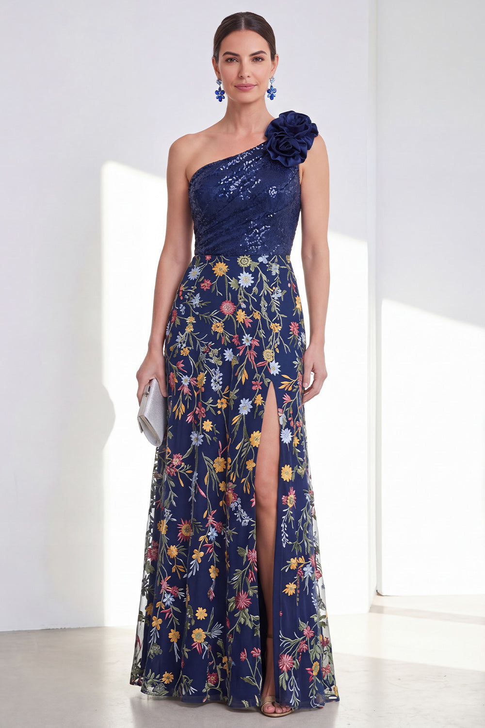 Sparkly Navy A Line Long Floral Mother of the Bride Dress with Slit