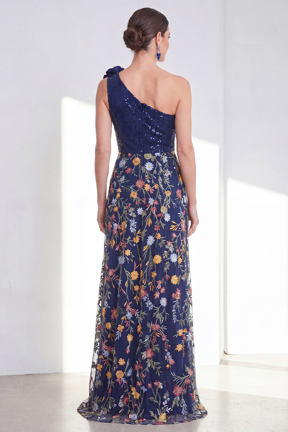 Sparkly Navy A Line Long Floral Mother of the Bride Dress with Slit