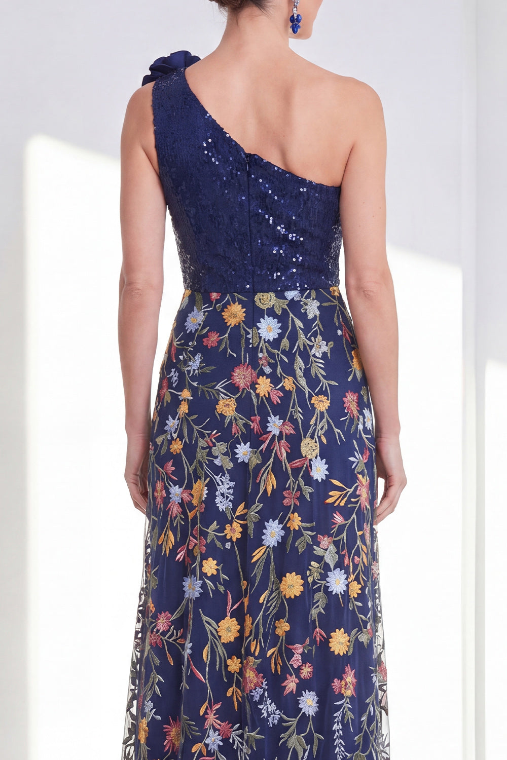 Sparkly Navy A Line Long Floral Mother of the Bride Dress with Slit