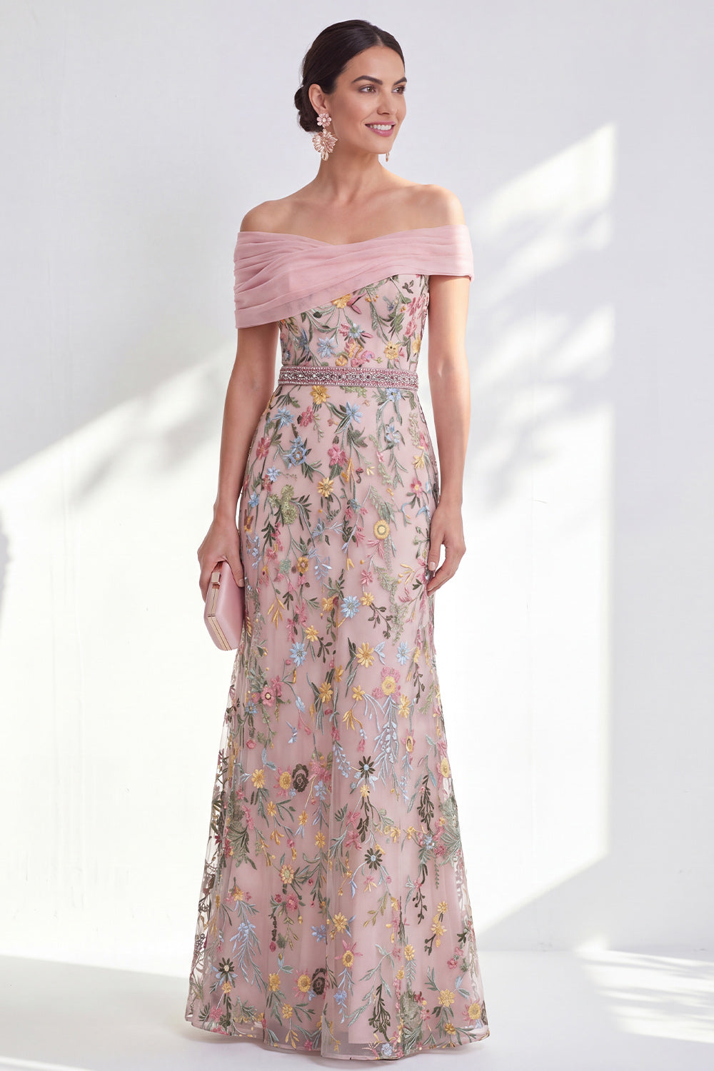 Green Floral Beaded Ruched Long Mother of the Bride Dress