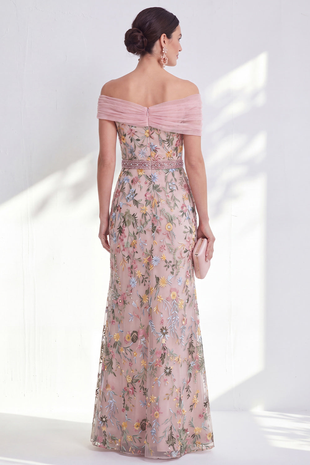 Green Floral Beaded Ruched Long Mother of the Bride Dress