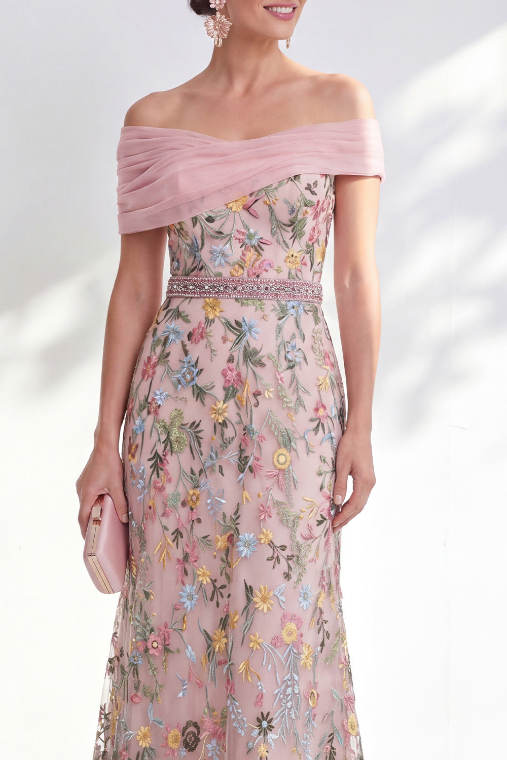 Green Floral Beaded Ruched Long Mother of the Bride Dress