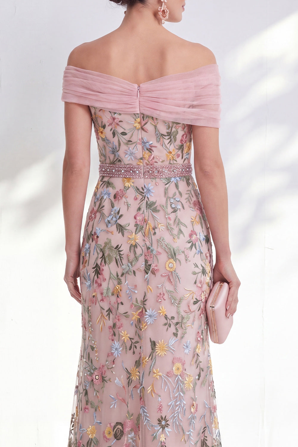Green Floral Beaded Ruched Long Mother of the Bride Dress