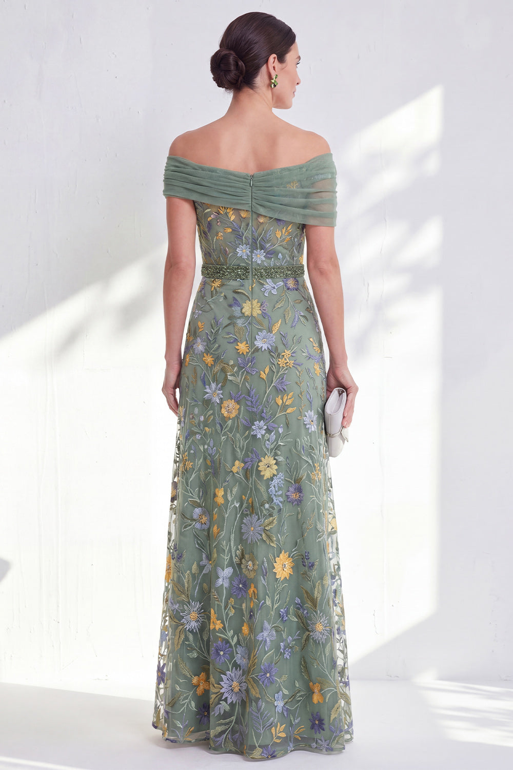Green Floral Beaded Ruched Long Mother of the Bride Dress