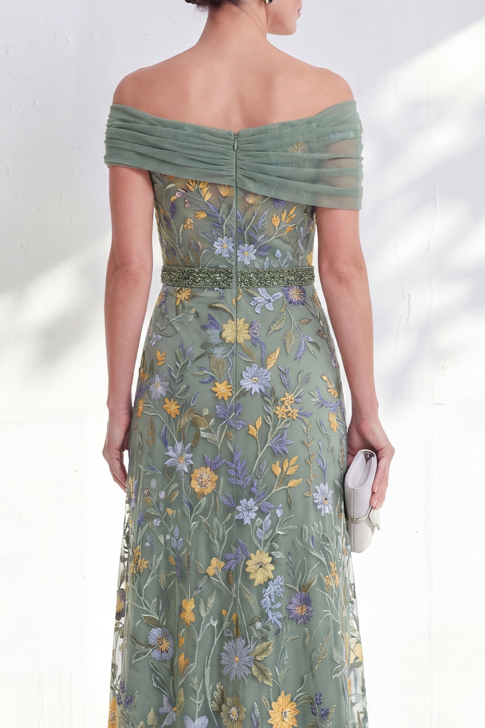 Green Floral Beaded Ruched Long Mother of the Bride Dress