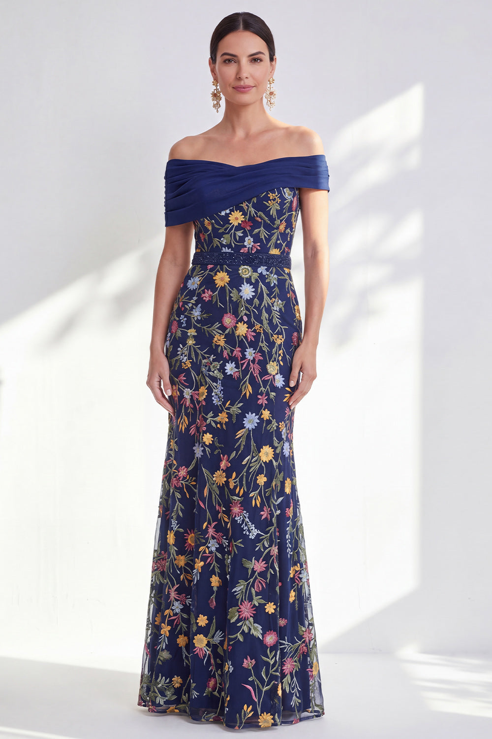 Green Floral Beaded Ruched Long Mother of the Bride Dress