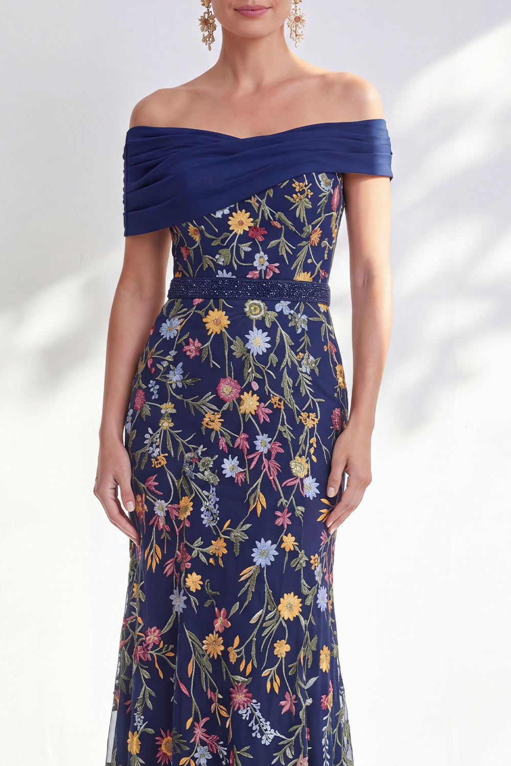 Green Floral Beaded Ruched Long Mother of the Bride Dress
