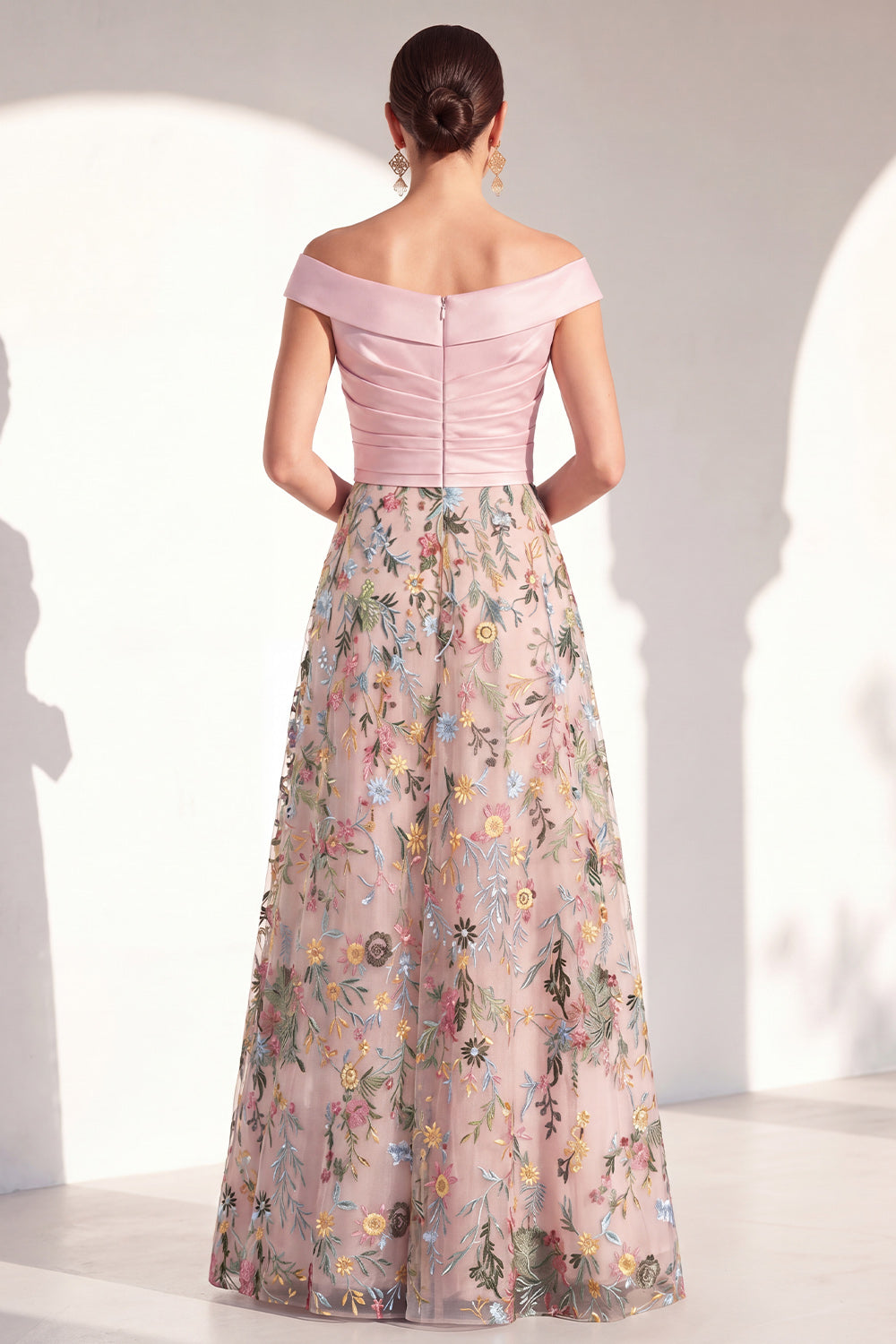 Green Floral Ruched Off the Shoulder Long Mother of the Bride Dress