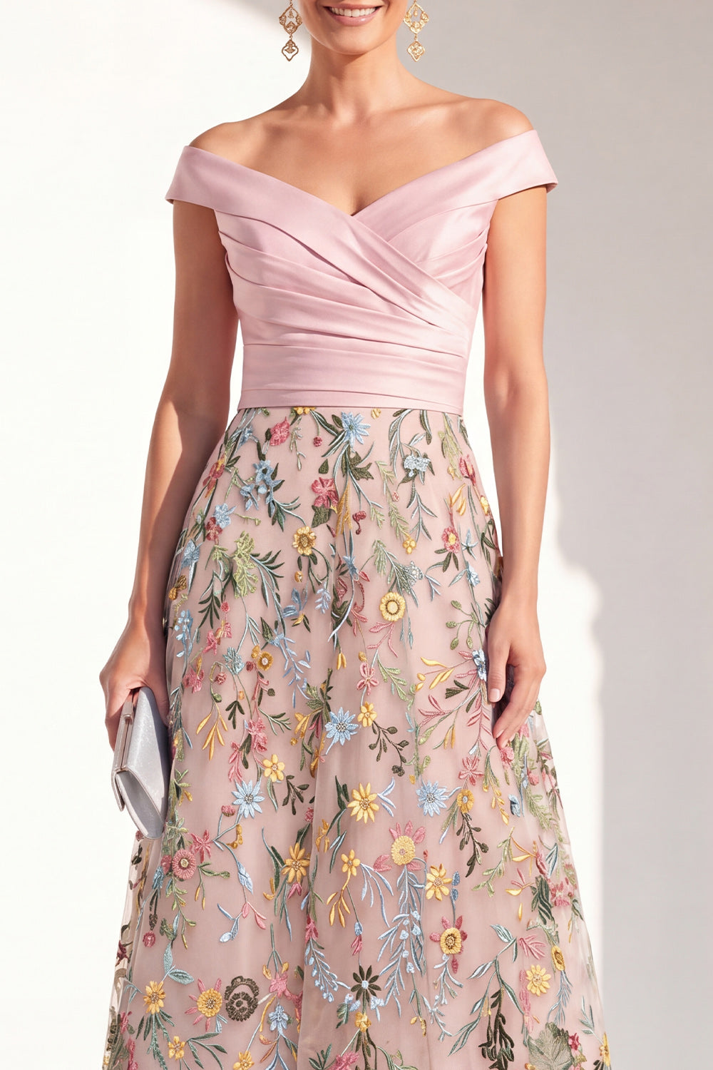 Green Floral Ruched Off the Shoulder Long Mother of the Bride Dress