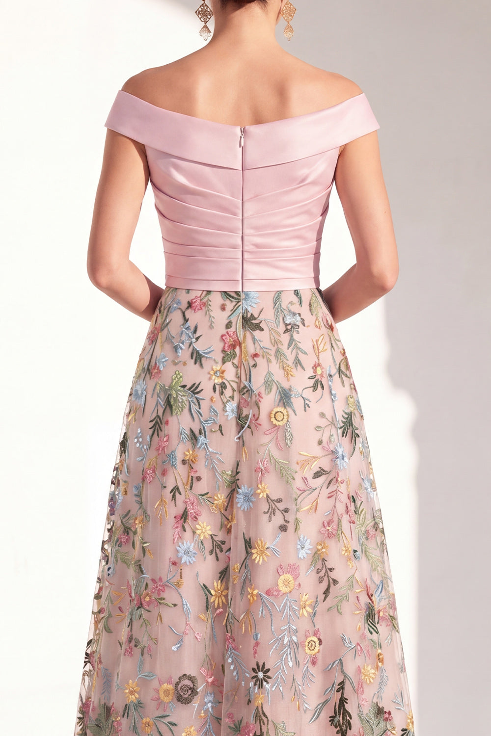 Green Floral Ruched Off the Shoulder Long Mother of the Bride Dress