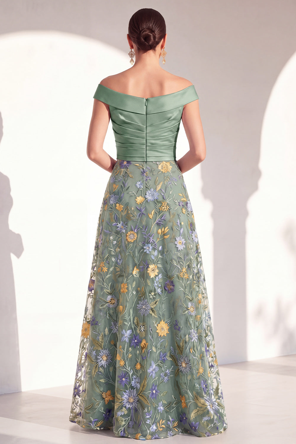 Green Floral Ruched Off the Shoulder Long Mother of the Bride Dress