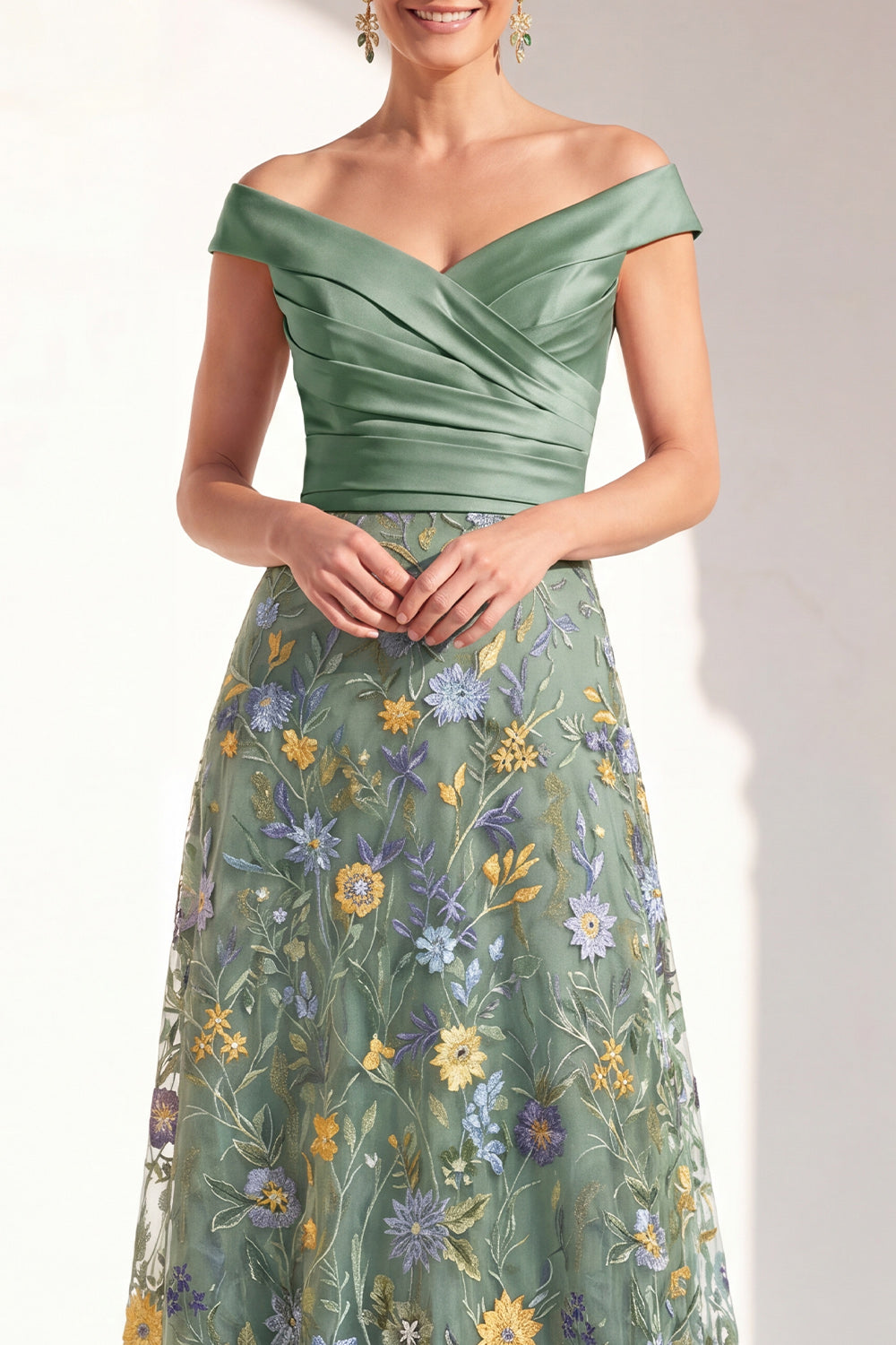 Green Floral Ruched Off the Shoulder Long Mother of the Bride Dress