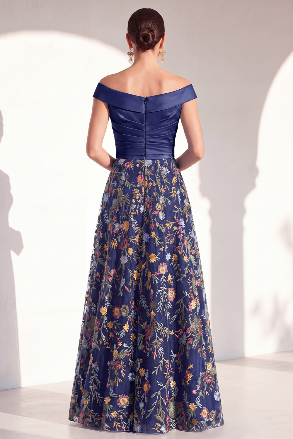 Green Floral Ruched Off the Shoulder Long Mother of the Bride Dress