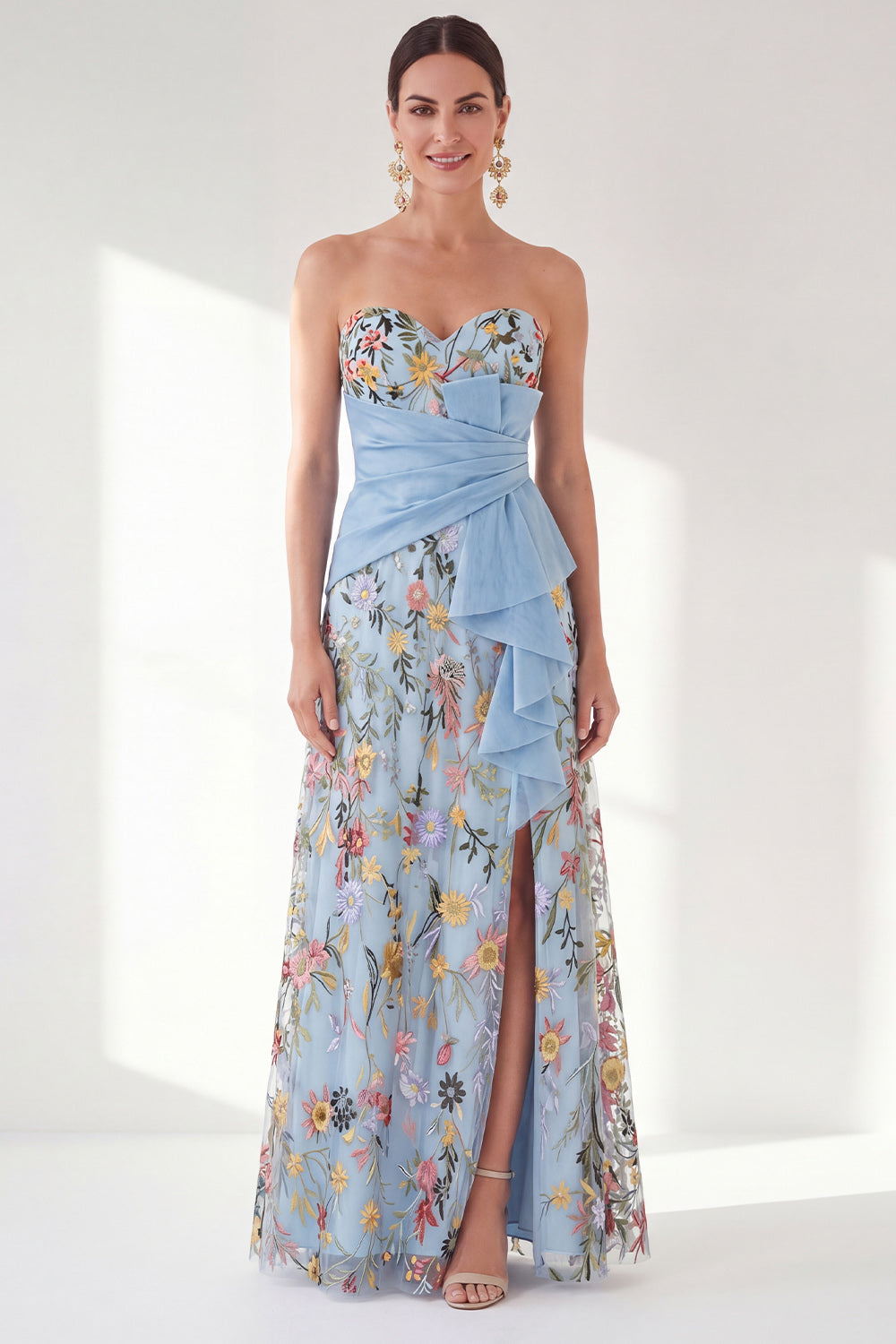 Blue Strapless Floral A Line Long Mother of the Bride Dress with Slit
