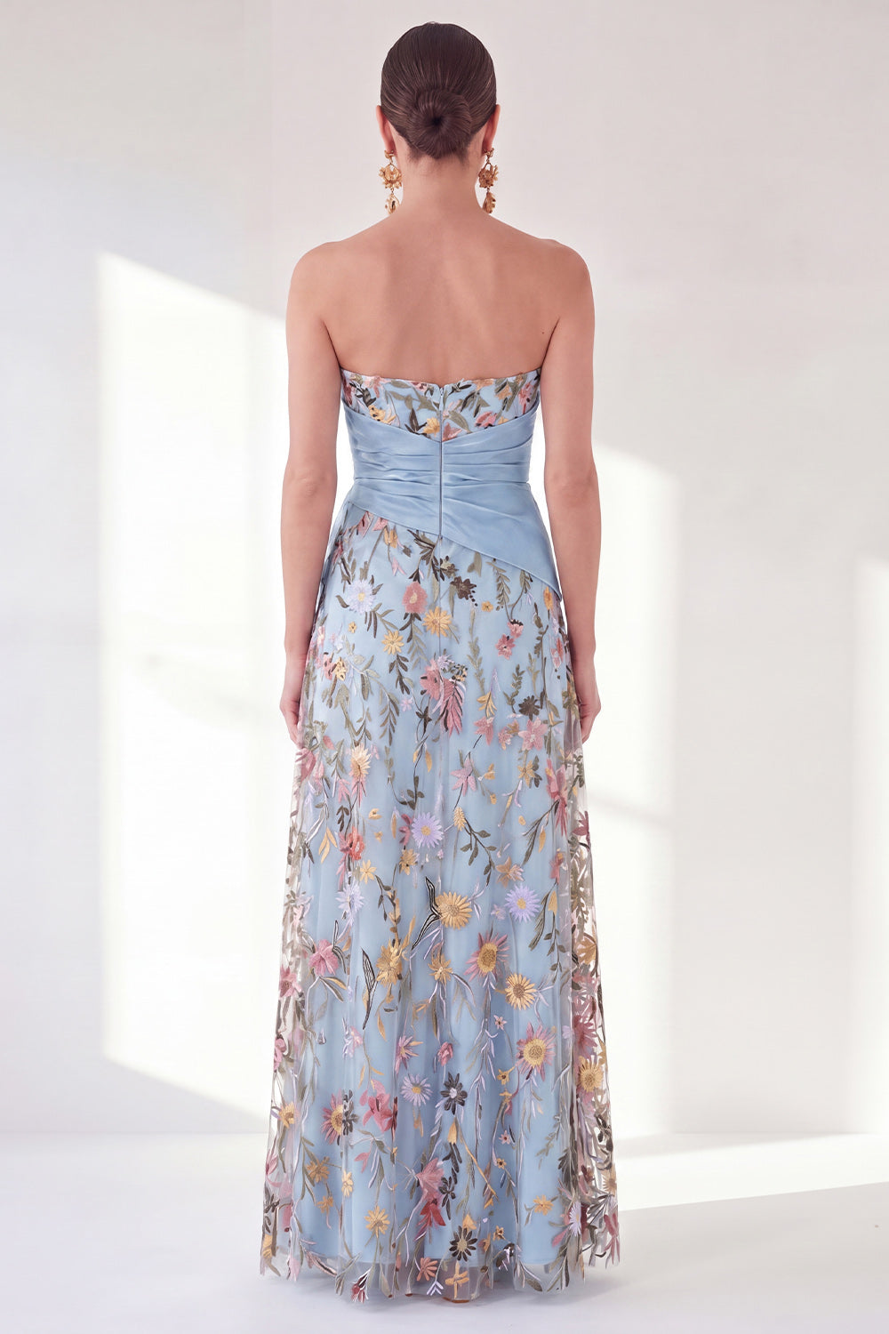 Blue Strapless Floral A Line Long Mother of the Bride Dress with Slit