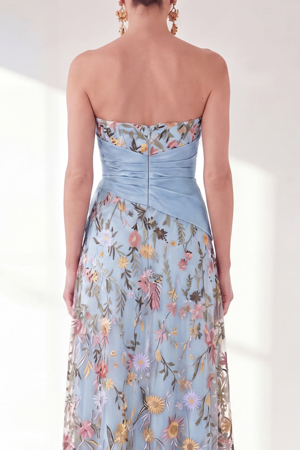 Blue Strapless Floral A Line Long Mother of the Bride Dress with Slit