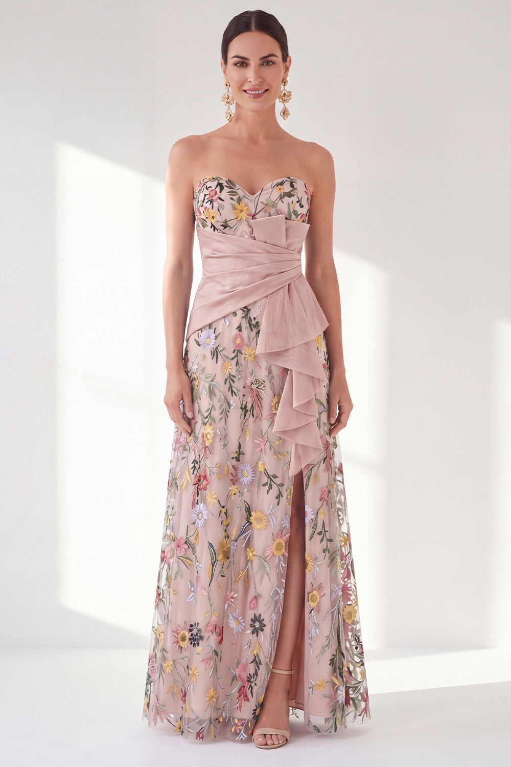 Blue Strapless Floral A Line Long Mother of the Bride Dress with Slit