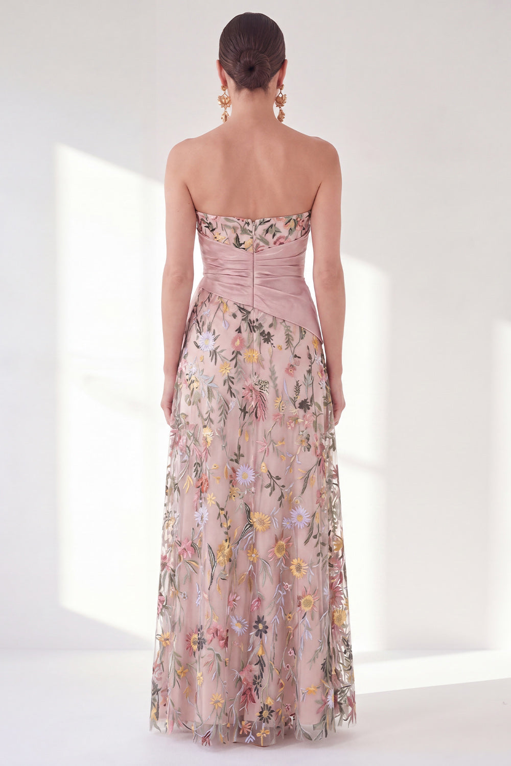 Blue Strapless Floral A Line Long Mother of the Bride Dress with Slit