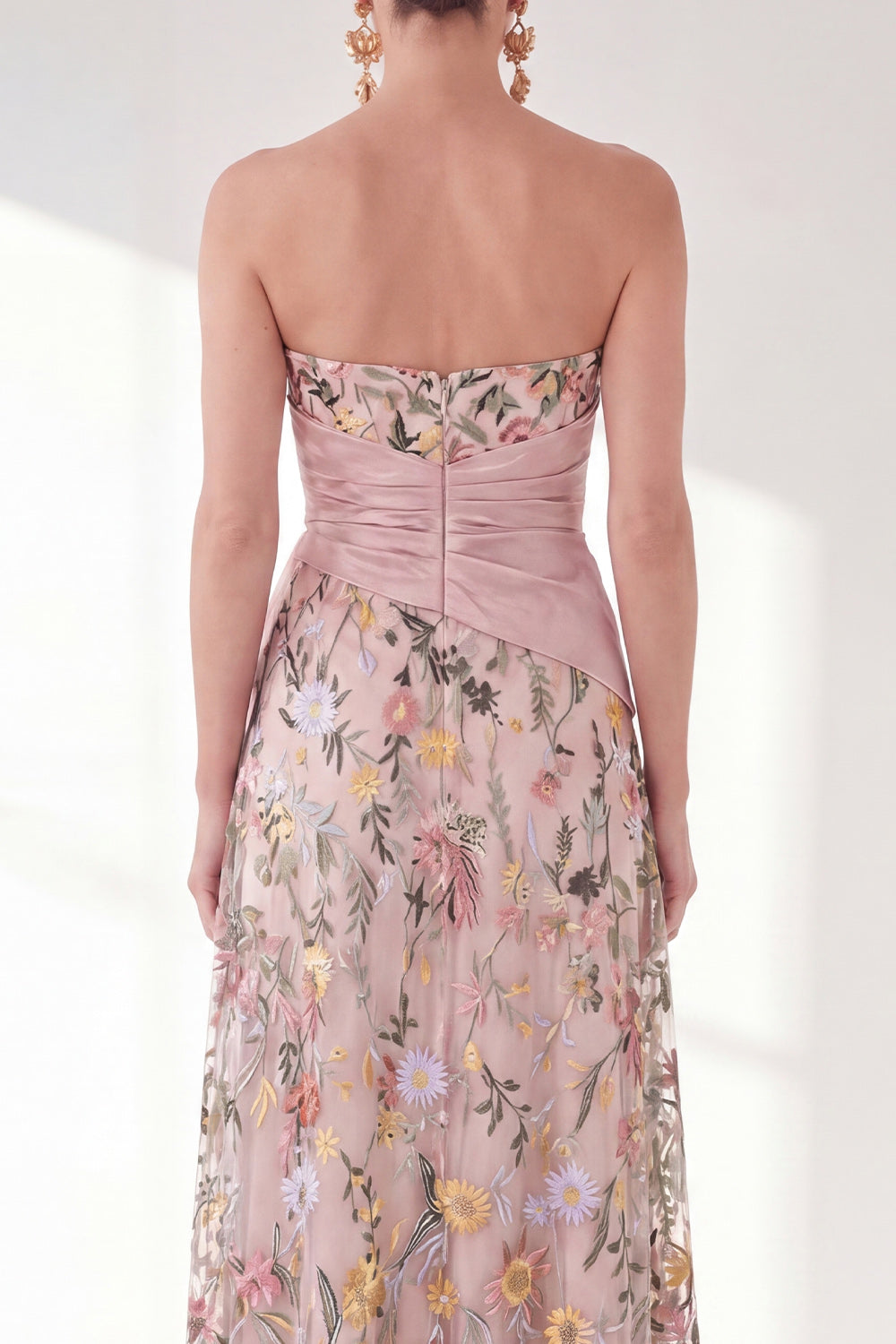 Blue Strapless Floral A Line Long Mother of the Bride Dress with Slit