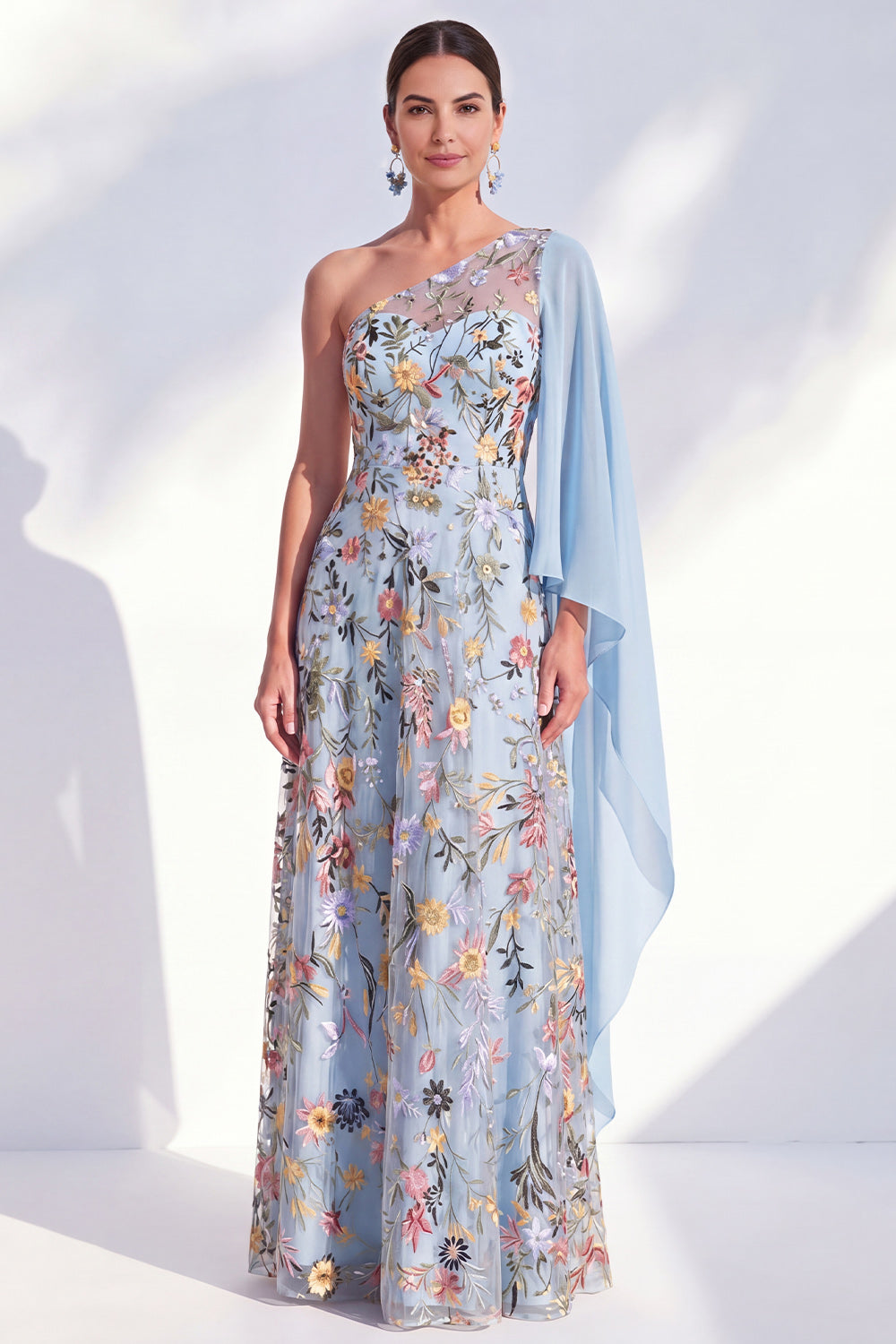 Blue Floral One Shoulder Long A Line Mother of the Bride Dress with Side Cape