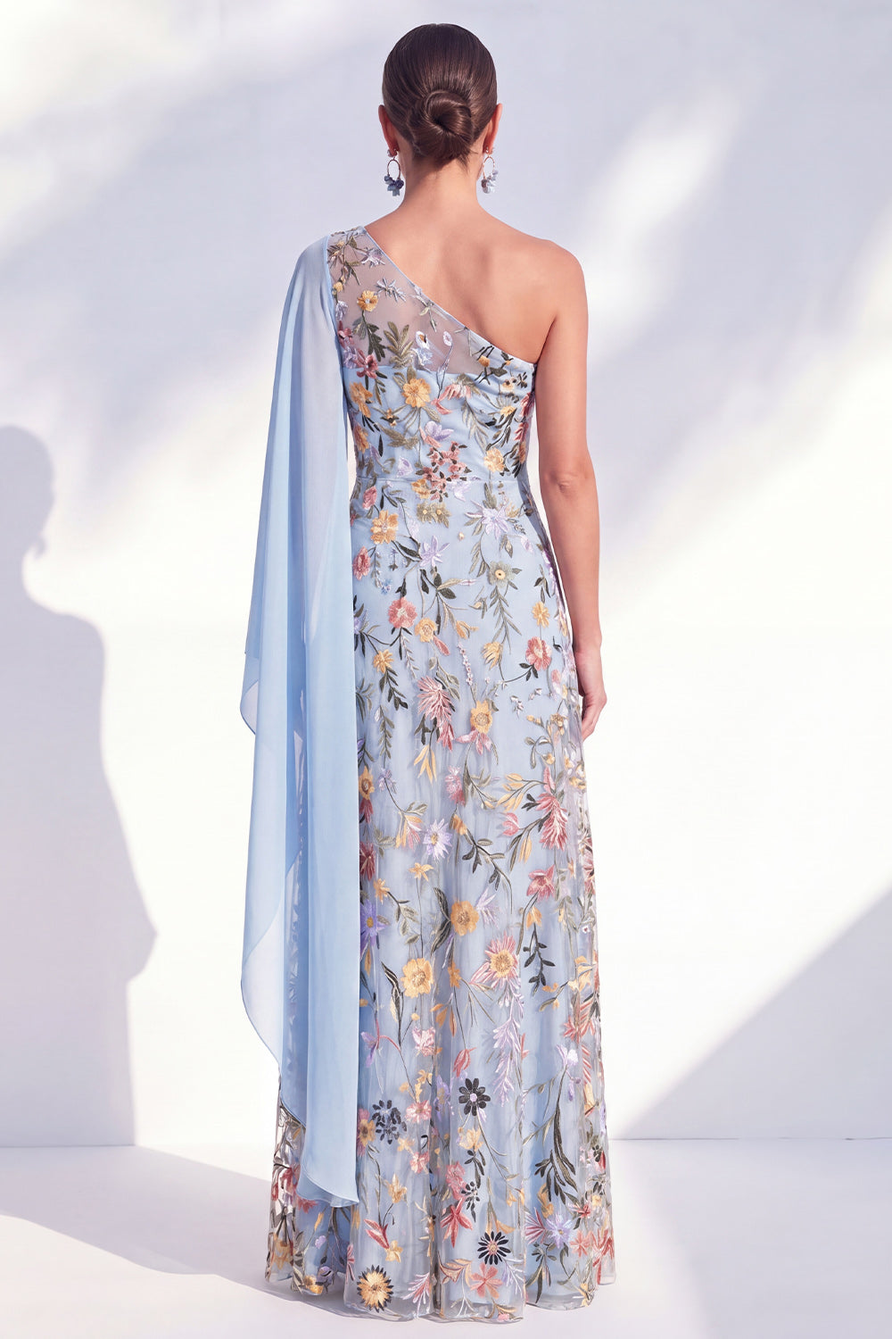 Blue Floral One Shoulder Long A Line Mother of the Bride Dress with Side Cape