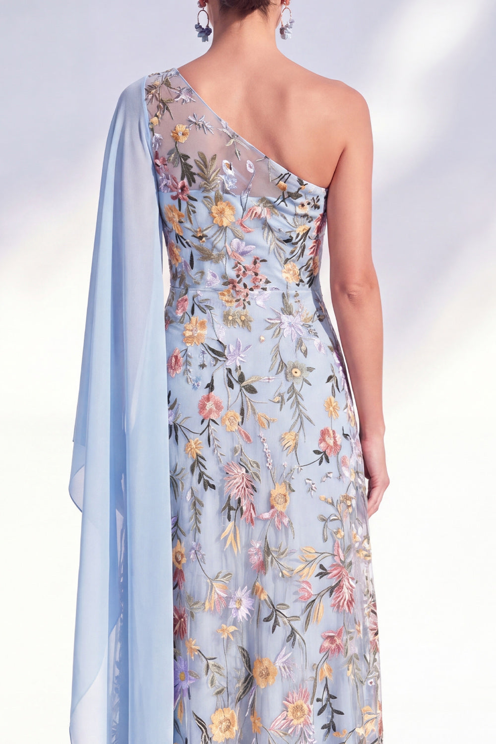 Blue Floral One Shoulder Long A Line Mother of the Bride Dress with Side Cape