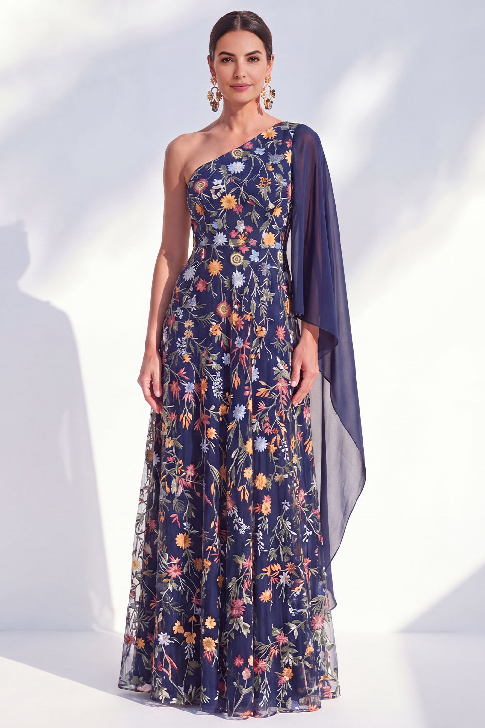 Blue Floral One Shoulder Long A Line Mother of the Bride Dress with Side Cape