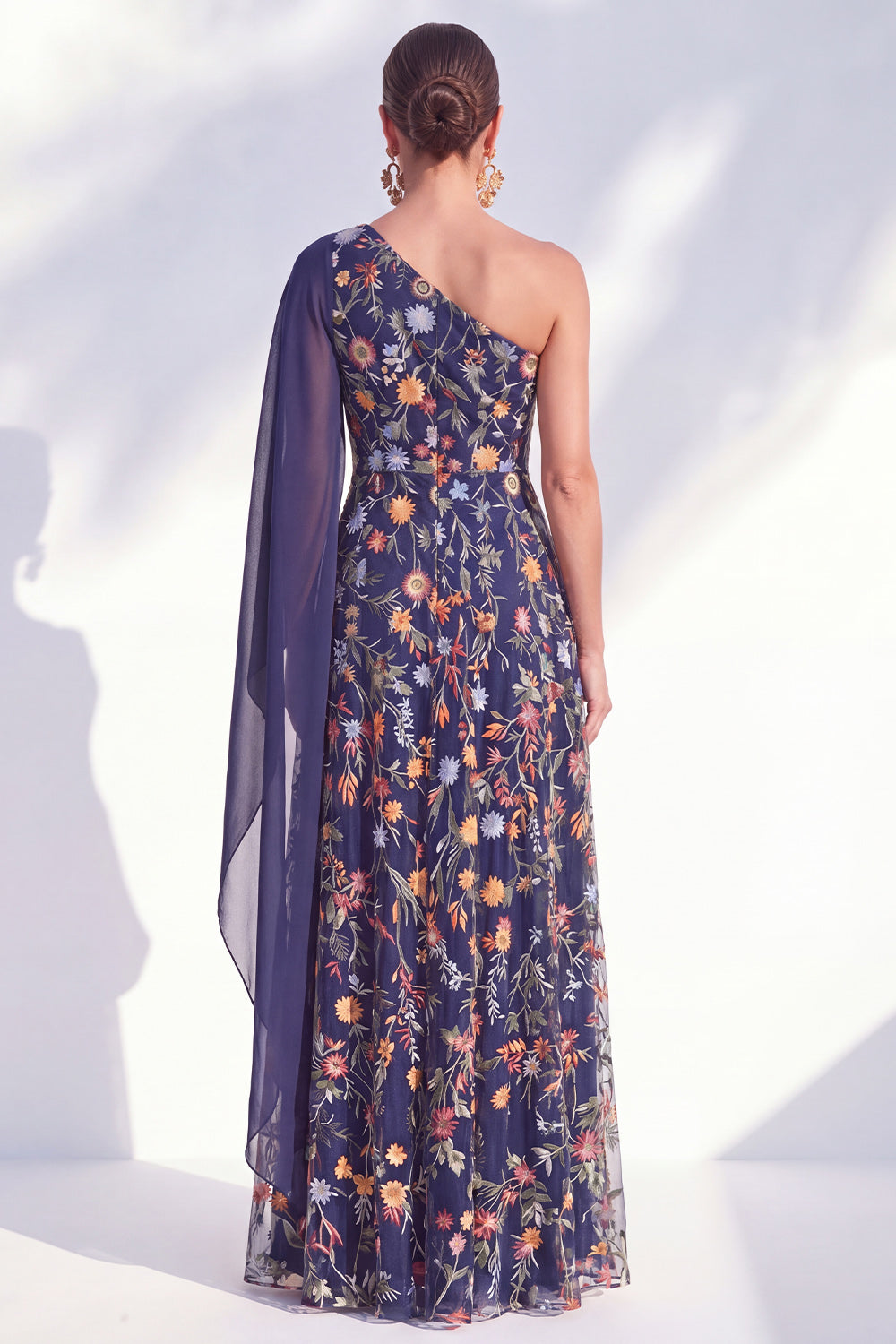 Blue Floral One Shoulder Long A Line Mother of the Bride Dress with Side Cape