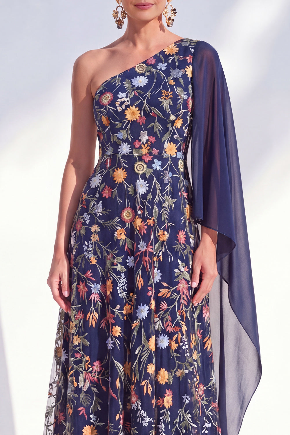 Blue Floral One Shoulder Long A Line Mother of the Bride Dress with Side Cape