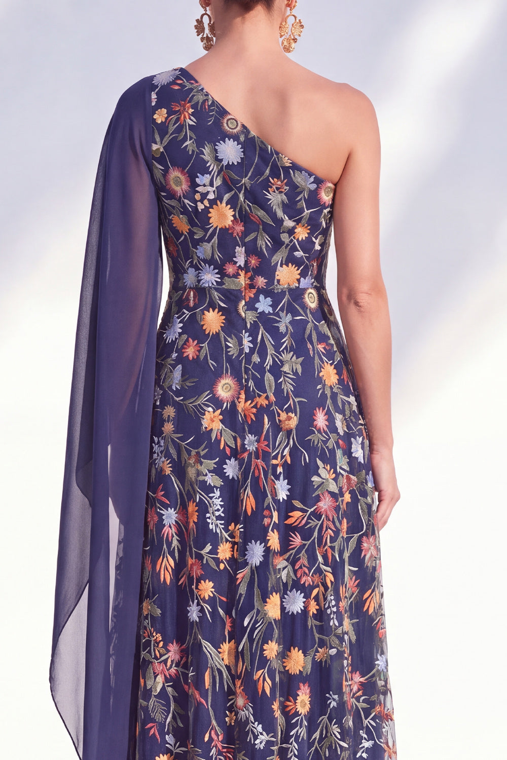Blue Floral One Shoulder Long A Line Mother of the Bride Dress with Side Cape