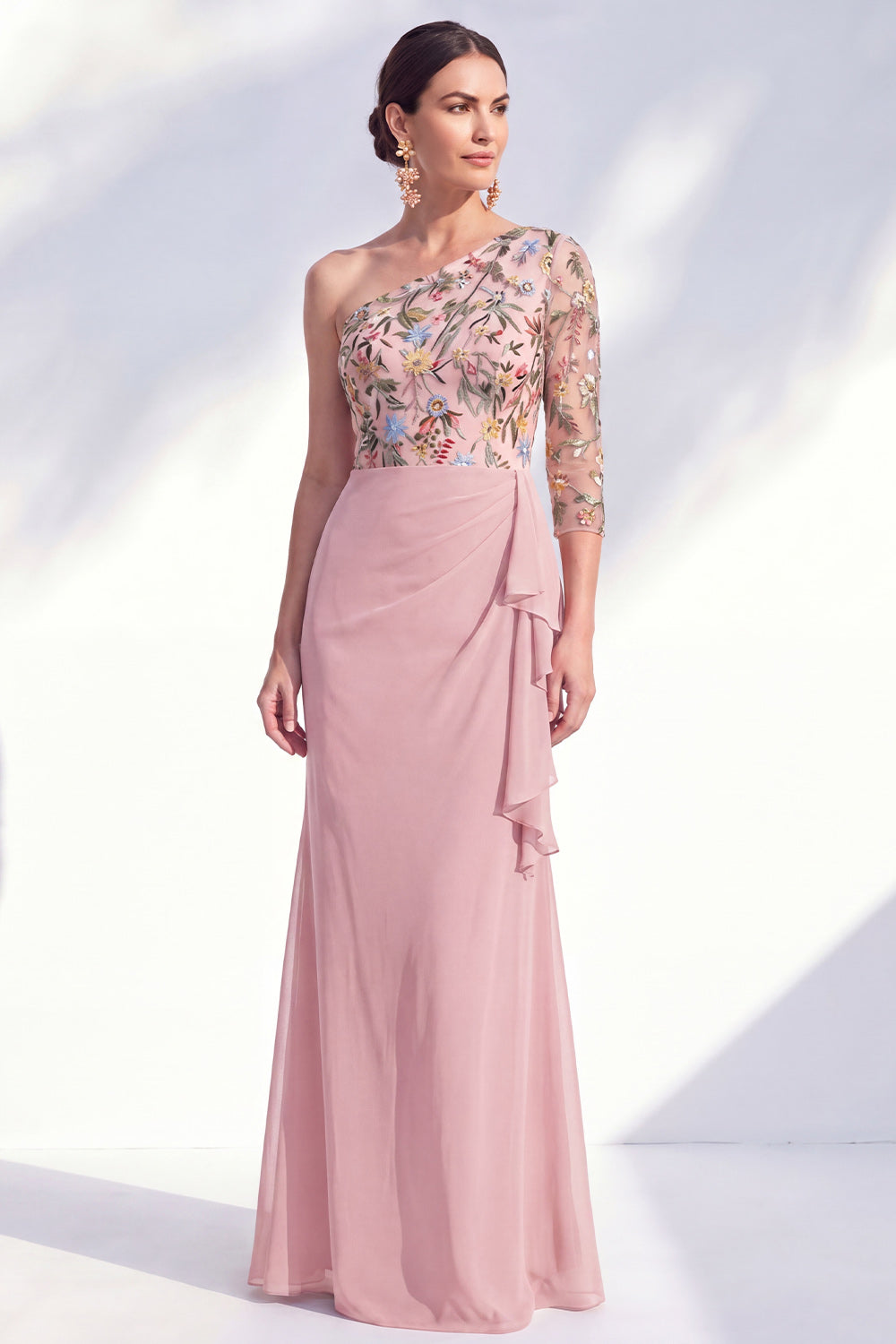 Grey Purple Mermaid Ruched Floral Long Mother of the Bride Dress with Ruffles