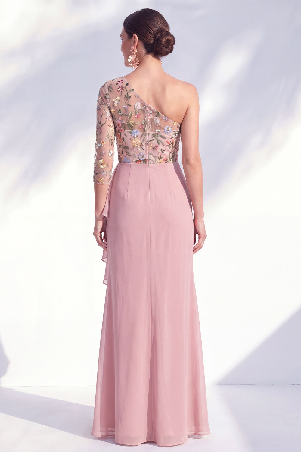 Grey Purple Mermaid Ruched Floral Long Mother of the Bride Dress with Ruffles