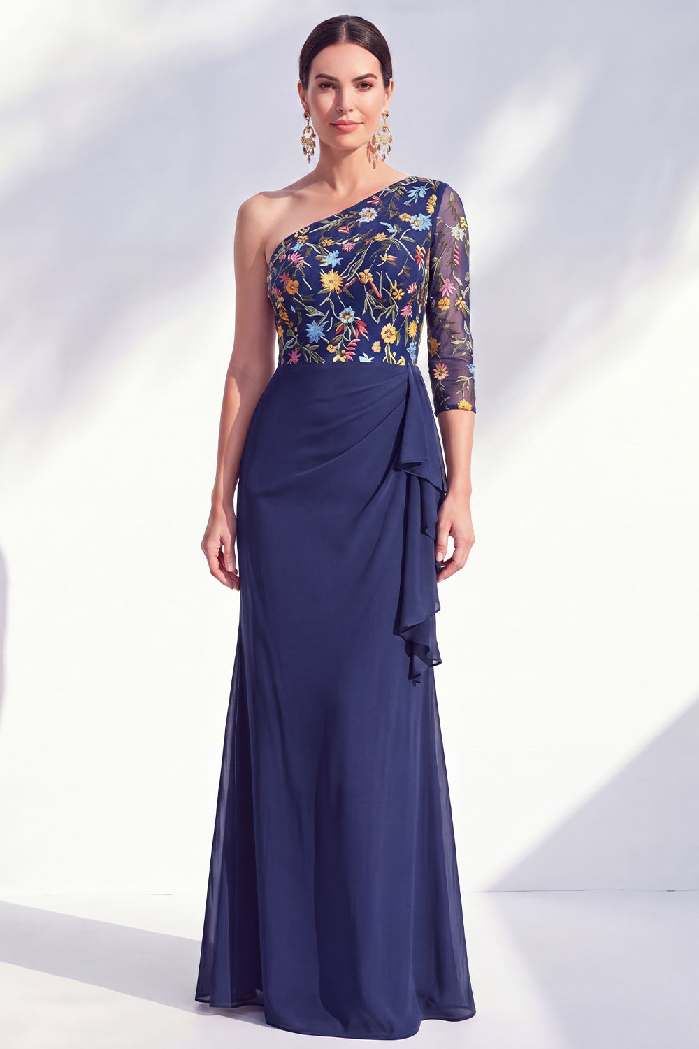 Grey Purple Mermaid Ruched Floral Long Mother of the Bride Dress with Ruffles