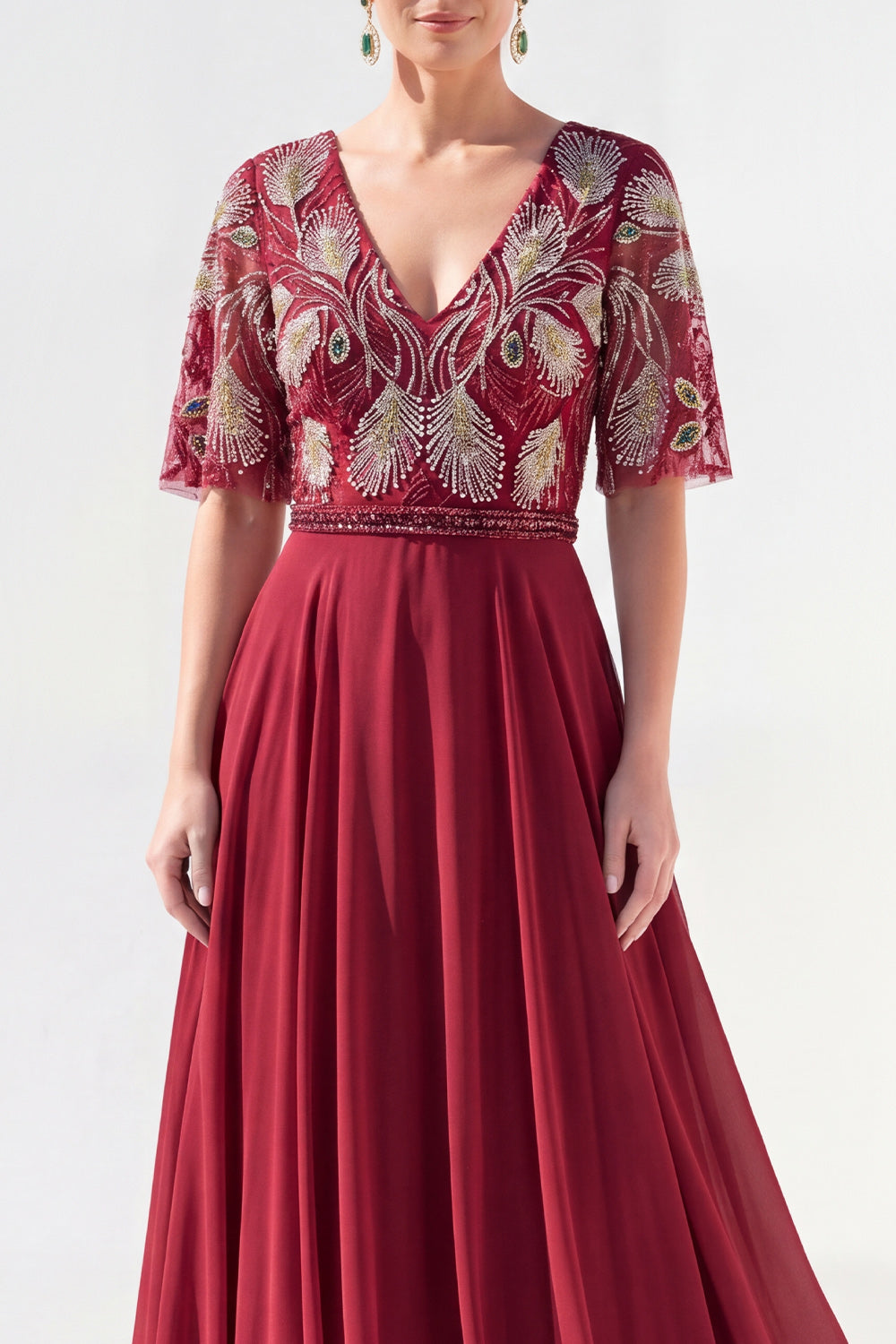 Green Beaded V-Neck Long Mother of the Bride Dress with Sleeves