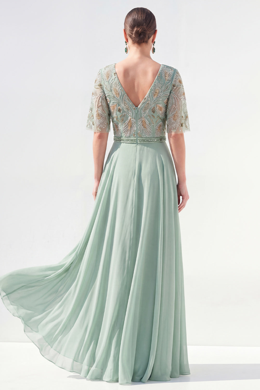 Green Beaded V-Neck Long Mother of the Bride Dress with Sleeves