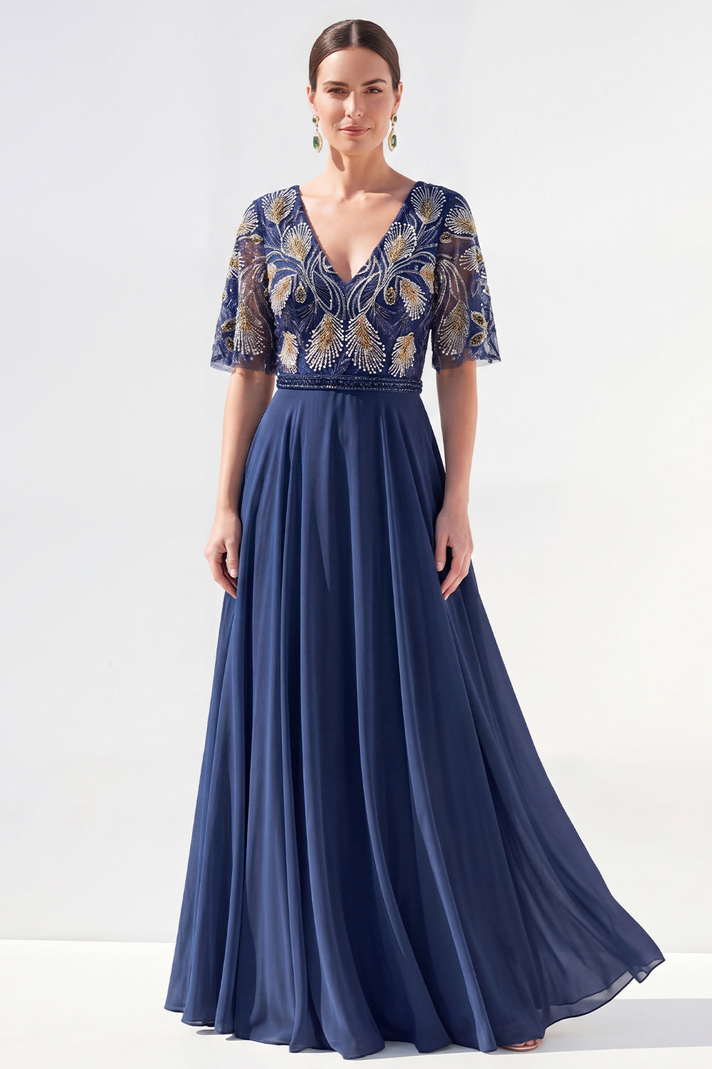 Green Beaded V-Neck Long Mother of the Bride Dress with Sleeves